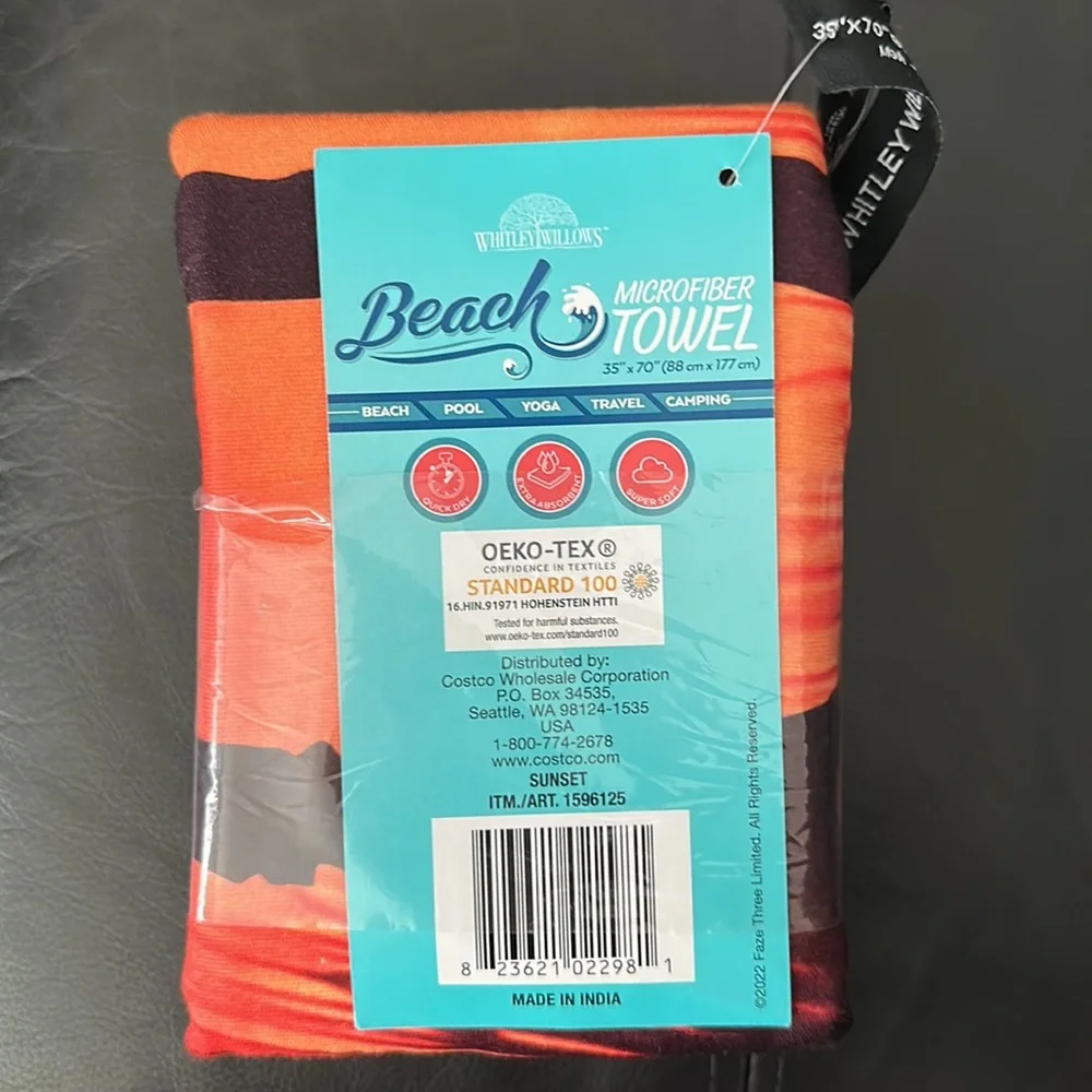 Whitley Willows beach microfiber towel 35”x70” (88cm x 177cm). Sunset